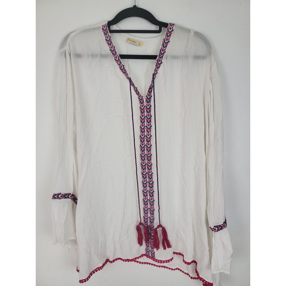 Sweet‎ Magnolia Blouse XL Womens White V Neck Long Sleeve Pullover Bohemian Top